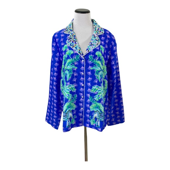 Lilly Pulitzer PJ Satin Long Sleeve Top Blue Grotto Fan Favorite Sz M - Picture 4 of 8